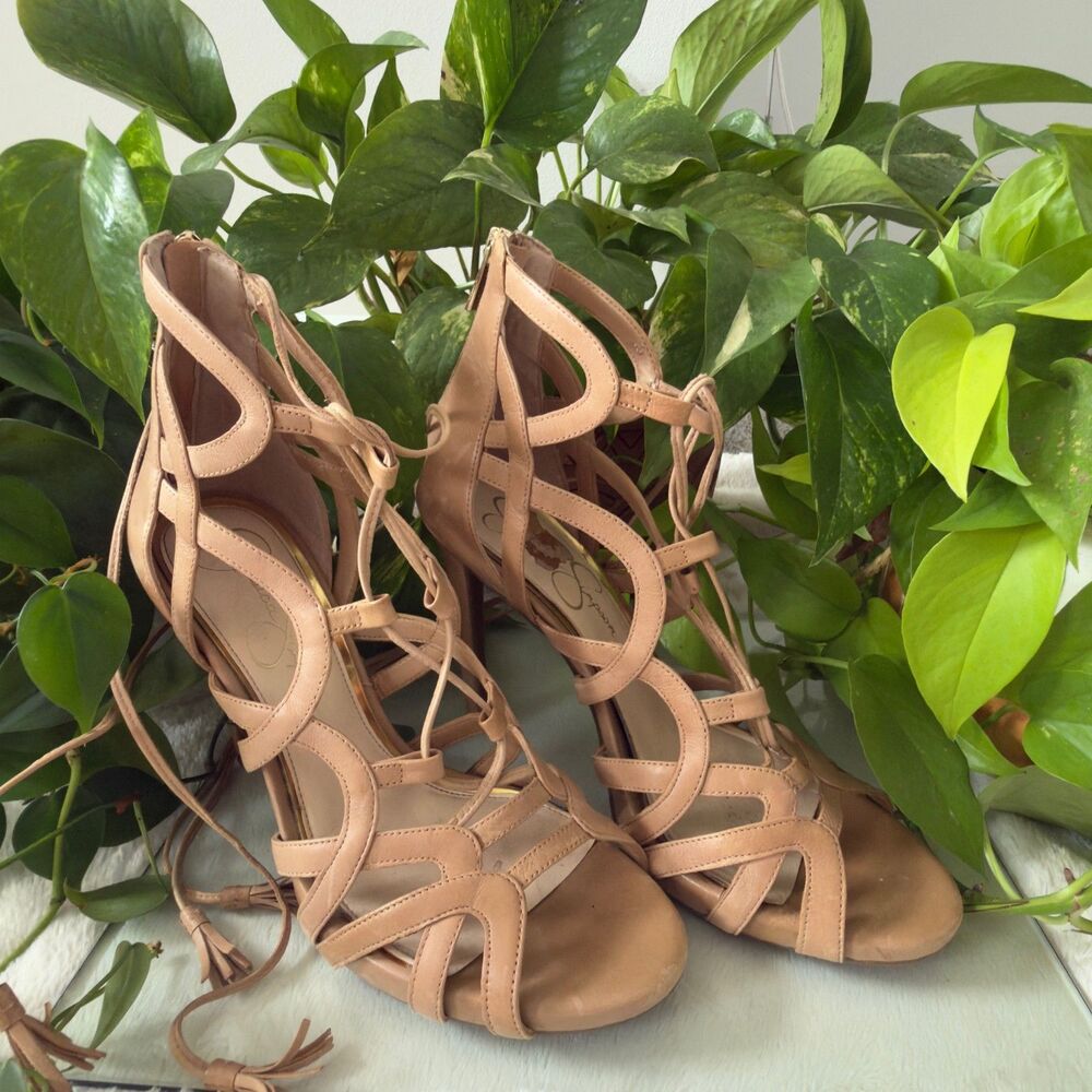 Jessica Simpson Nude Lace Up Strappy Stiletto Heels Tan Gladiator Sandals